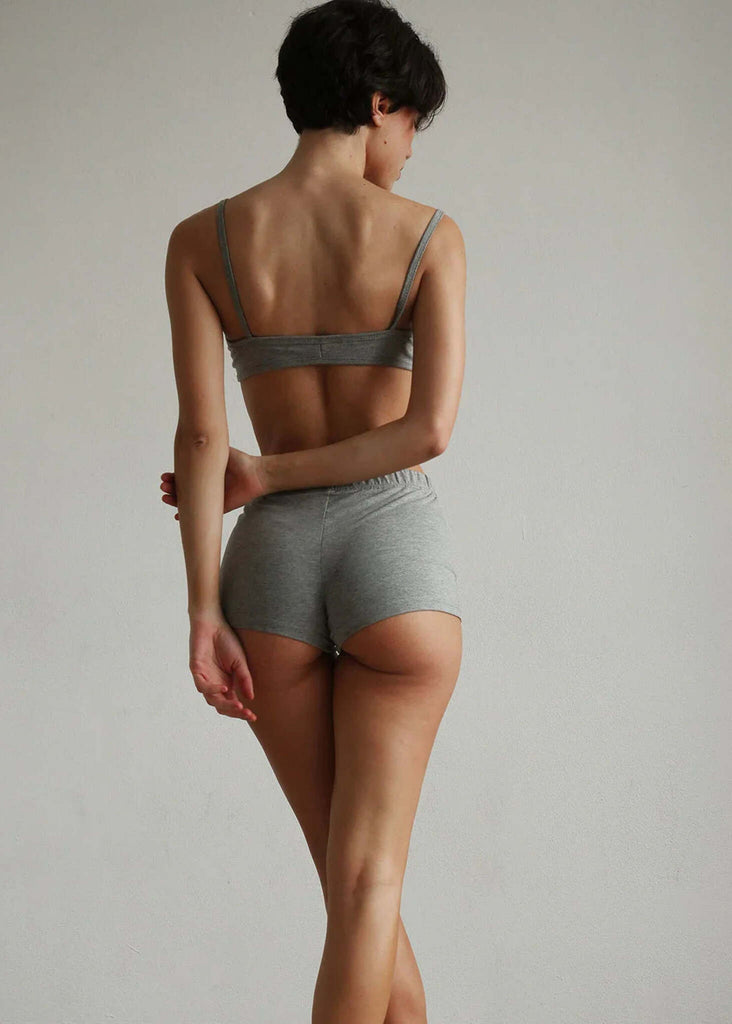 Woman wearing grey cotton Fierce Shorties and matching top — MYFASHIONFRUIT