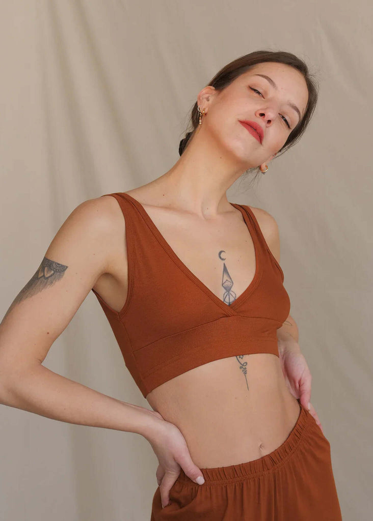 Woman wearing Soft Bralette in caramel, V-neck style, soft-touch fabric — MYFASHIONFRUIT