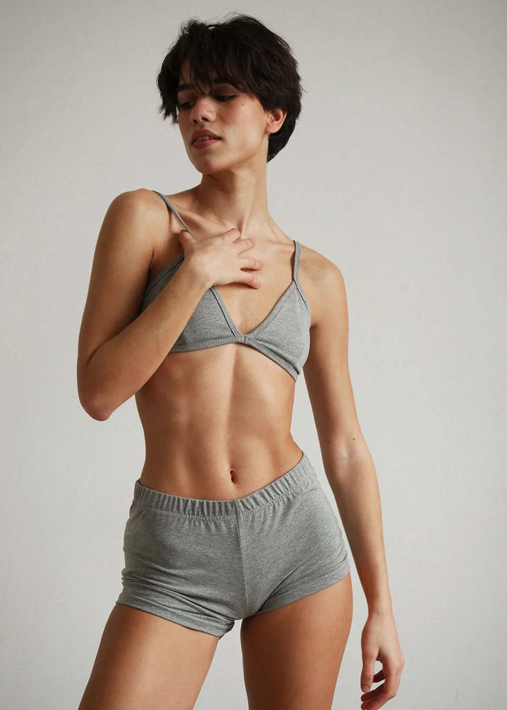 Woman wearing a grey Fierce Bralette and shorts set — MYFASHIONFRUIT