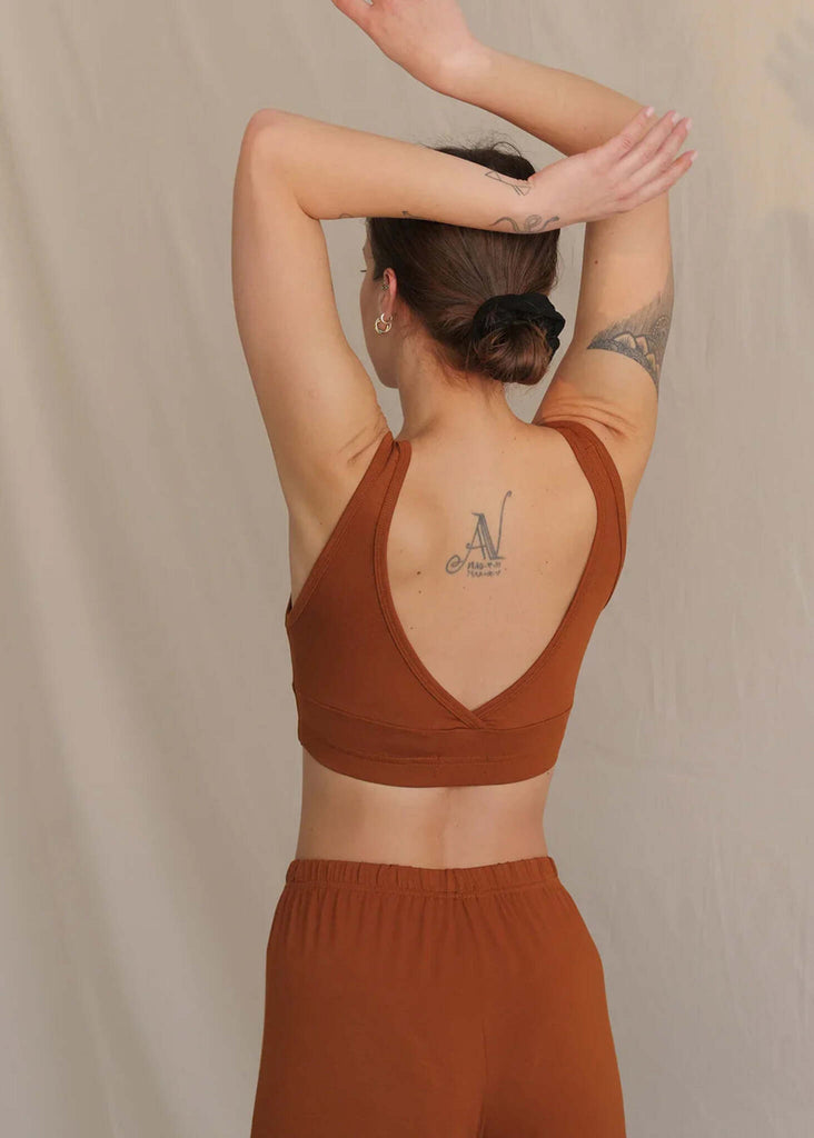 Woman wearing the Soft Bralette in caramel, V back detail — MYFASHIONFRUIT