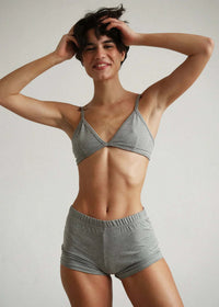 Woman wearing gray cotton Fierce Shorties and triangle bra top — MYFASHIONFRUIT