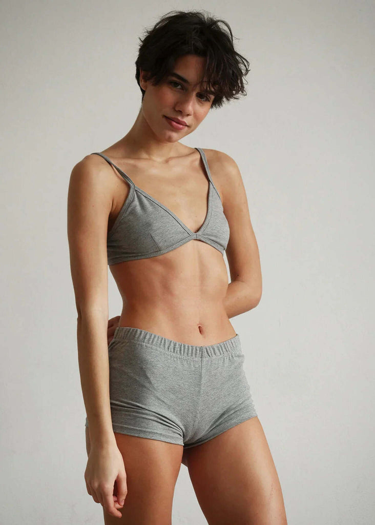 Woman wearing Fierce Shorties and matching bralette in grey cotton blend — MYFASHIONFRUIT
