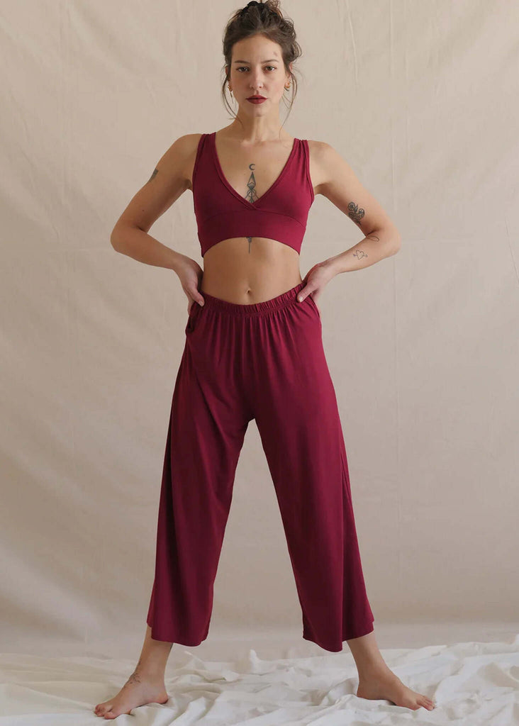 Woman wearing Tender Pants — sour cherry, soft fabric, cropped wide leg — MYFASHIONFRUIT