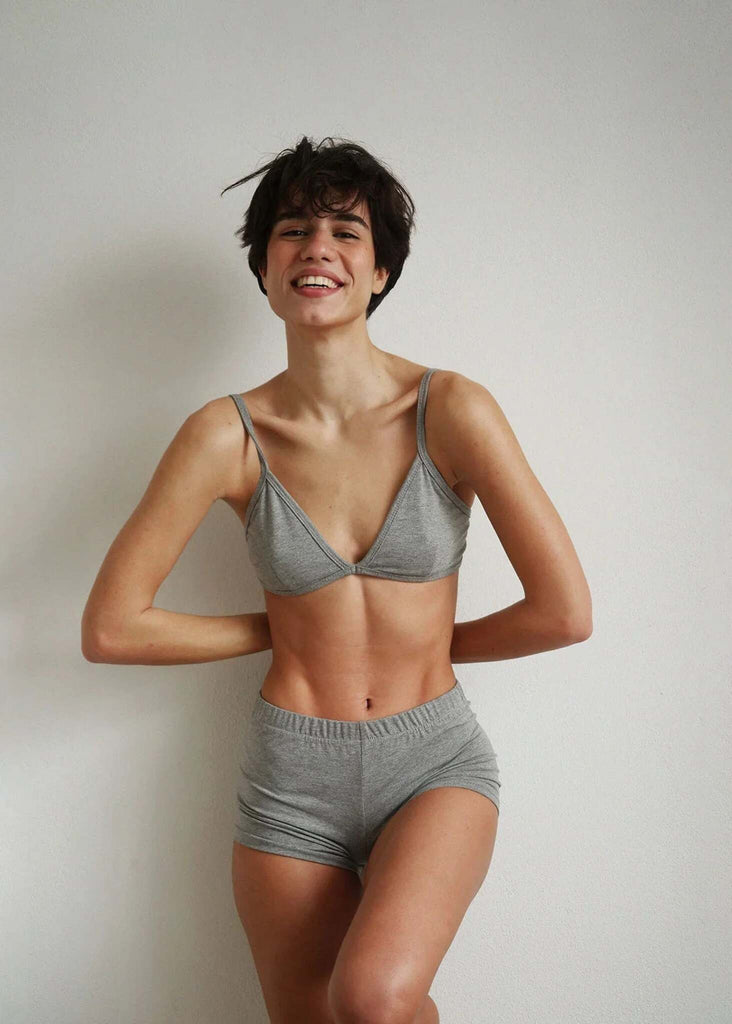 Woman wearing a grey cotton Fierce Bralette and matching shorts — MYFASHIONFRUIT