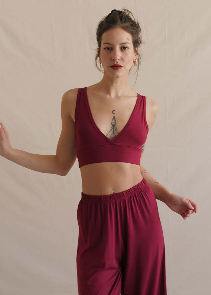 Woman wearing a sour cherry Soft Bralette and matching pants — MYFASHIONFRUIT
