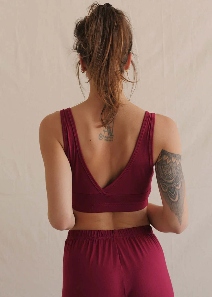 Woman wearing the Soft Bralette in sour cherry, V neck and back — MYFASHIONFRUIT
