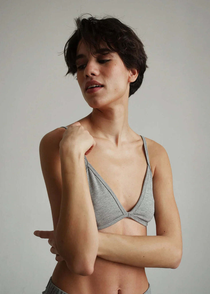 Woman wearing a grey cotton Fierce Bralette with plunging neckline — MYFASHIONFRUIT