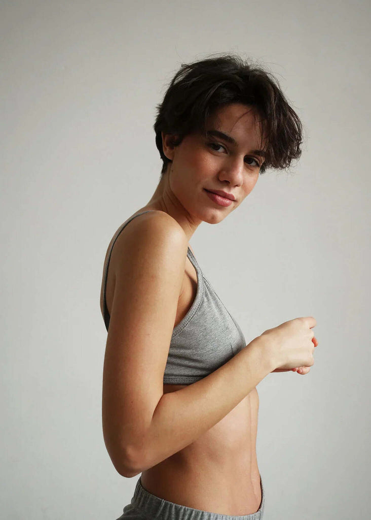 Woman wearing a gray Fierce Bralette, soft cotton blend — MYFASHIONFRUIT