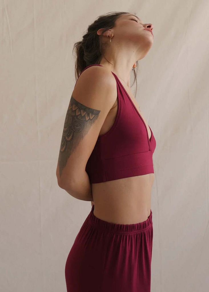 Woman wearing a sour cherry Soft Bralette and matching pants — MYFASHIONFRUIT