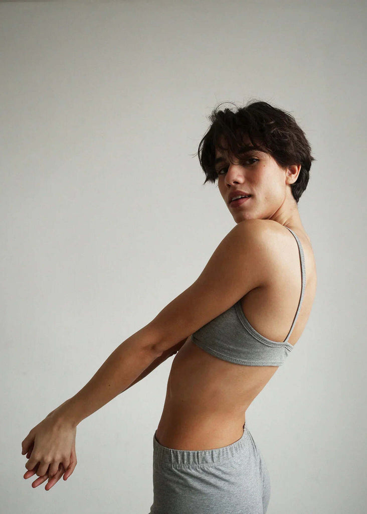 Woman wearing a grey cotton Fierce Bralette and shorts set — MYFASHIONFRUIT