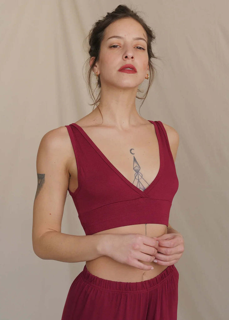 Woman wearing a red Soft Bralette and matching pants — MYFASHIONFRUIT