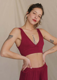 Woman wearing a sour cherry Soft Bralette with V neck and elastic band — MYFASHIONFRUIT