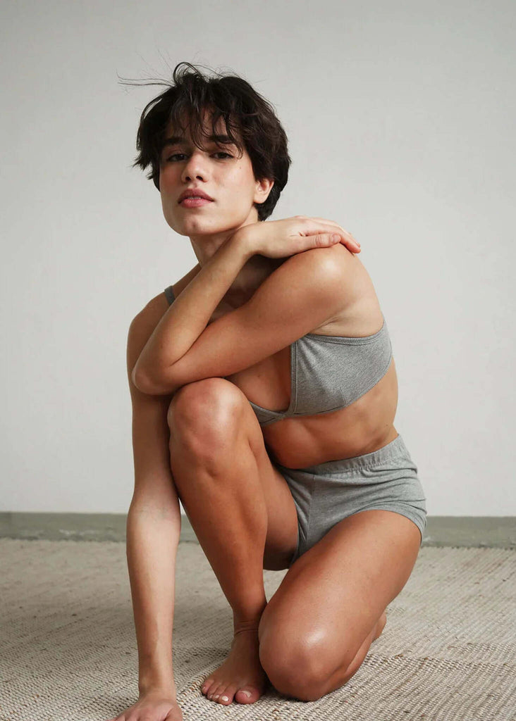 Woman wearing Fierce Bralette and matching shorts in grey cotton blend — MYFASHIONFRUIT