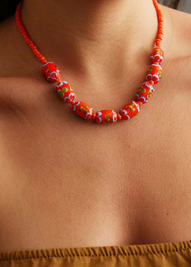 Helia Necklace — orange beaded necklace on model — MYFASHIONFRUIT