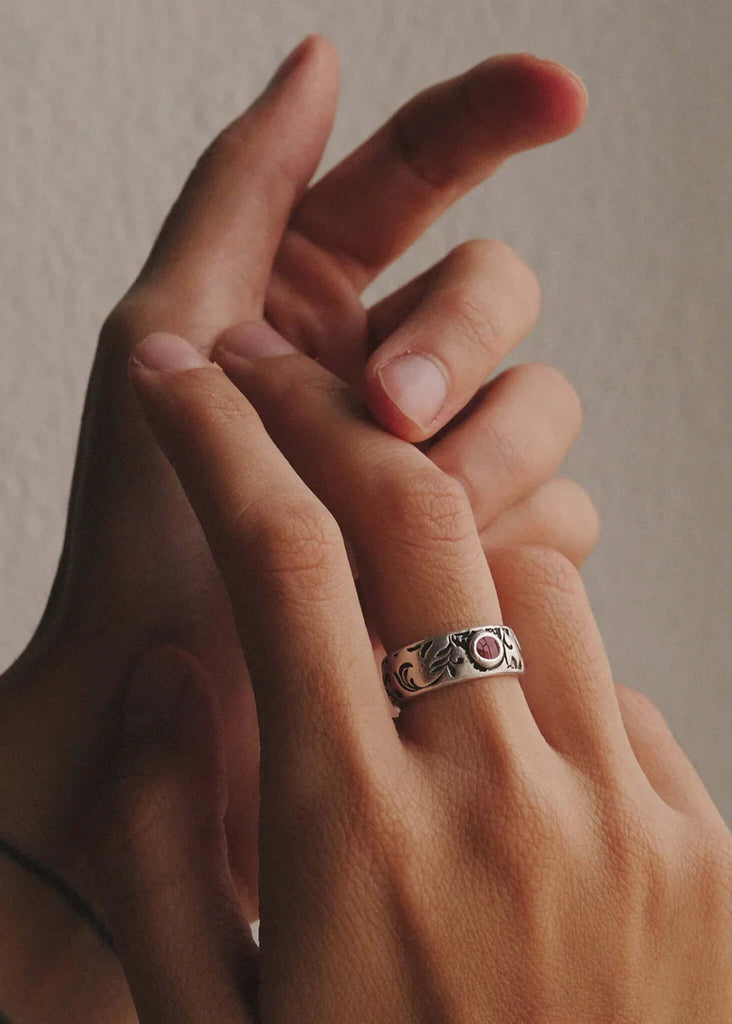 Floral Ring — silver band with red enamel stone and floral detail — MYFASHIONFRUIT