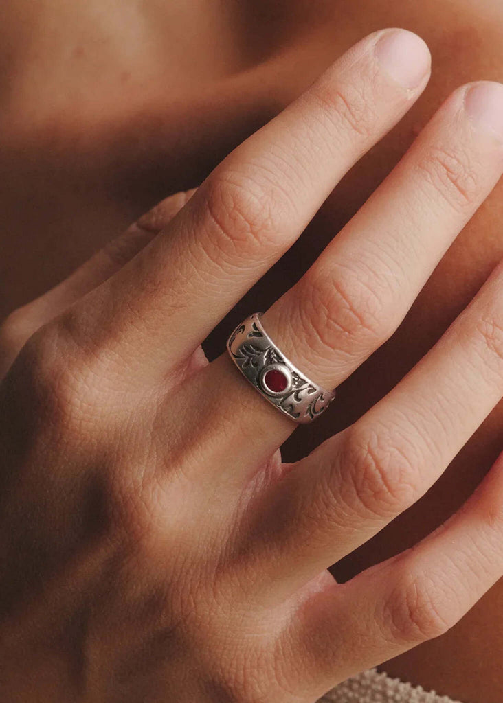 Floral Ring — silver band with floral details and red enamel detail — MYFASHIONFRUIT