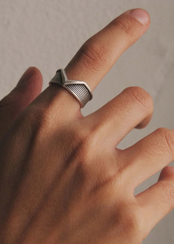 VI Ring — Detail of silver-tone ring on finger — MYFASHIONFRUIT