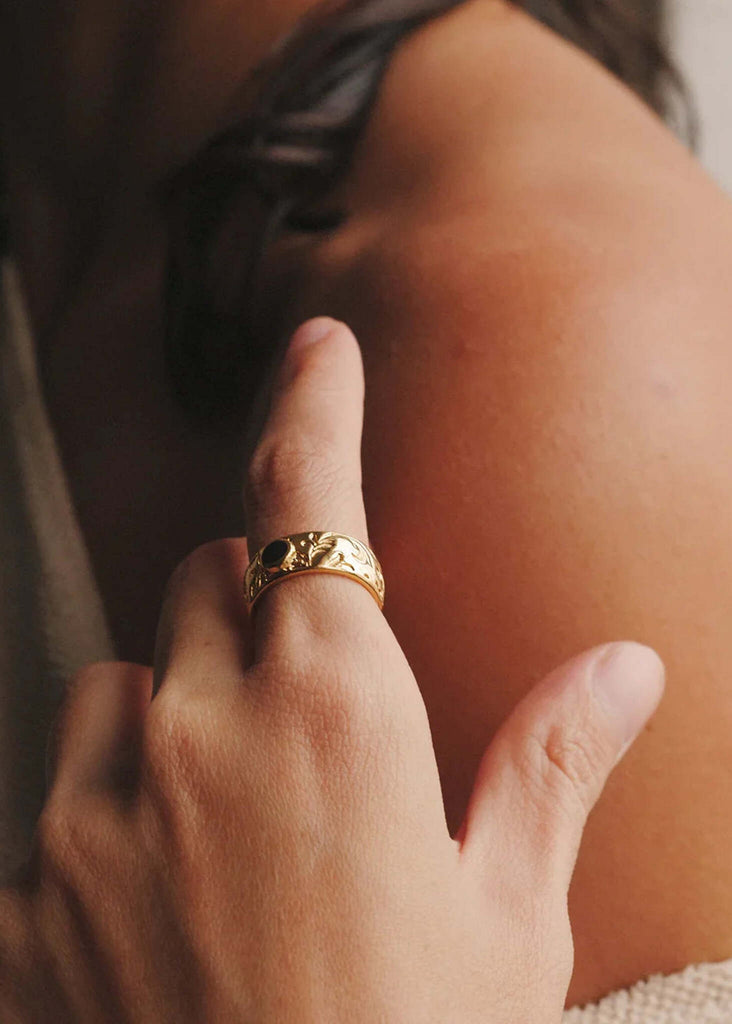 Floral Ring — gold with floral detail and black enamel — MYFASHIONFRUIT