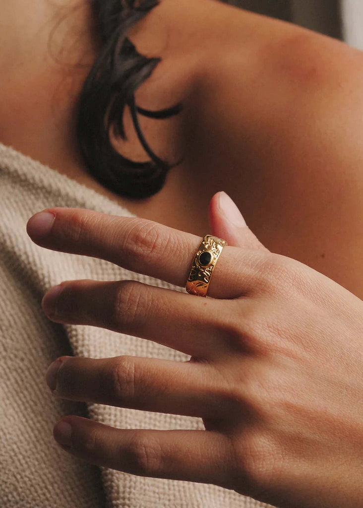 Floral Ring — gold with floral detail and black stone — MYFASHIONFRUIT