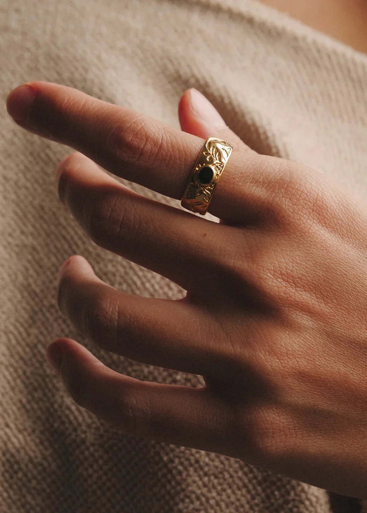 Floral Ring — gold band with floral design and black stone on finger — MYFASHIONFRUIT