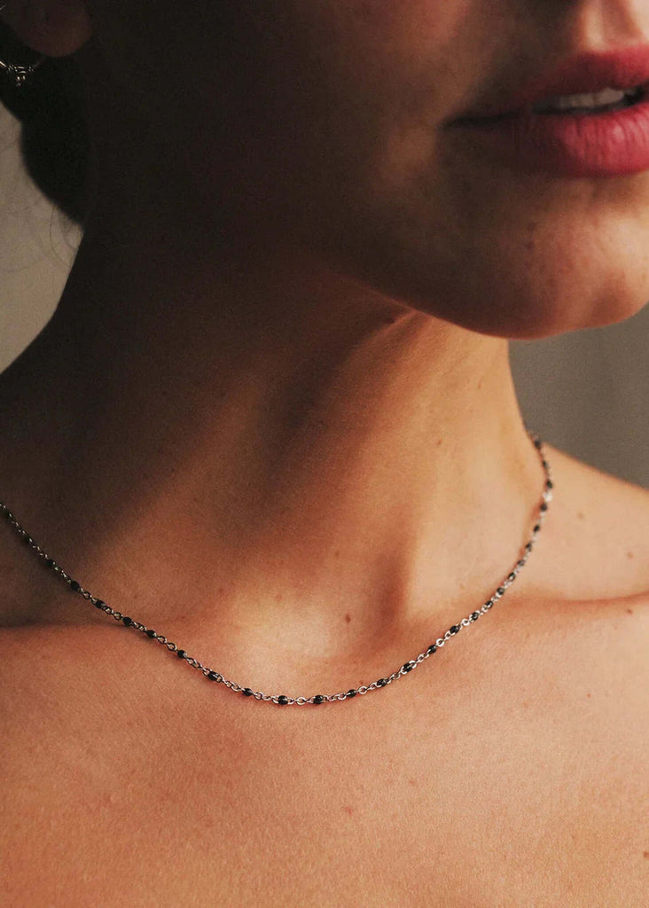 Dakota Necklace — Silver chain with black beads on model — MYFASHIONFRUIT