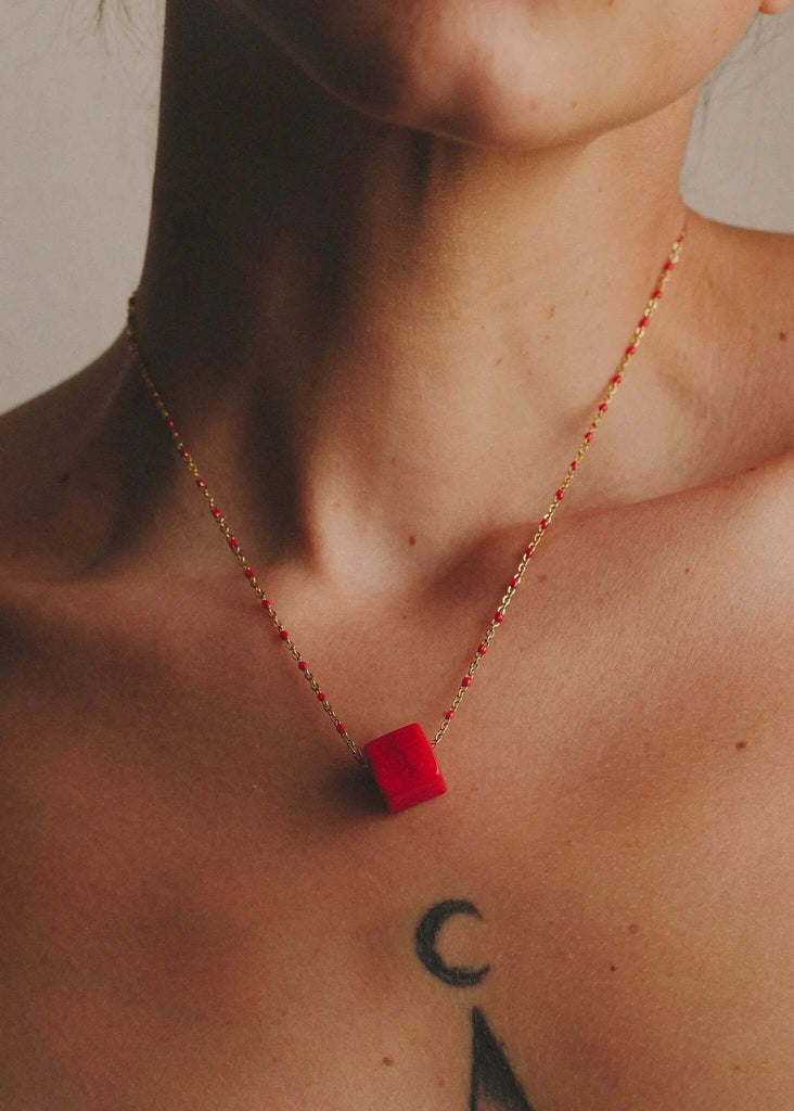 Fanni Necklace — gold chain with red enamel beads & matching cube pendant — MYFASHIONFRUIT