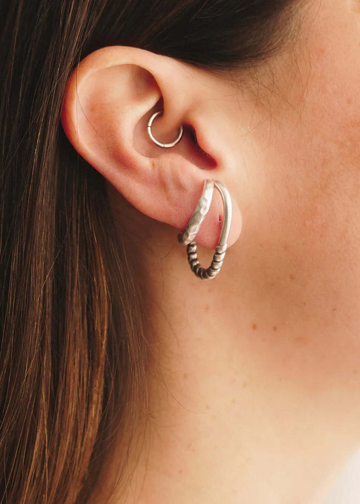 Kenley Set of 2 Lobe Huggers — Silver earrings on model detail — MYFASHIONFRUIT