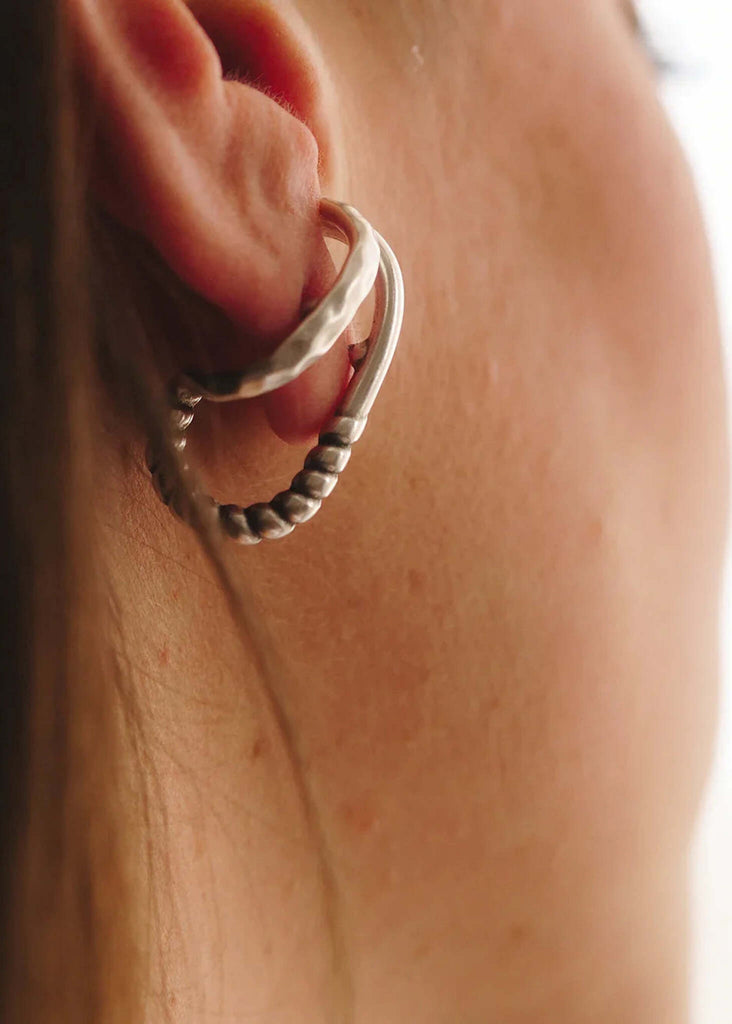 Kenley Set of 2 Lobe Huggers — detail of silver earrings on model — MYFASHIONFRUIT