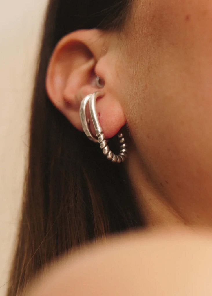 Kenley Set of 2 Lobe Huggers — silver on model, detail — MYFASHIONFRUIT