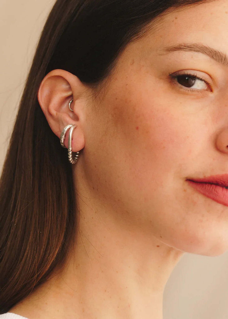 Kenley Set of 2 Lobe Huggers — Silver earrings on model, detail — MYFASHIONFRUIT