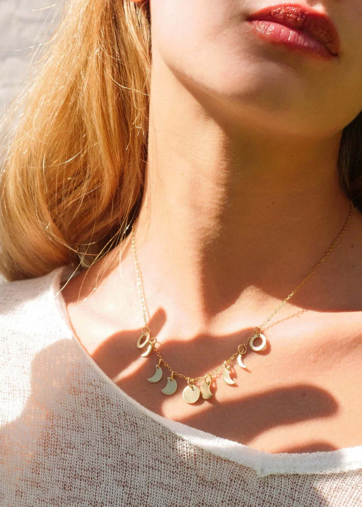 Luna Necklace — gold chain with bronze moon phases and circle pendants — MYFASHIONFRUIT
