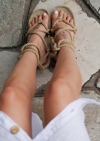 Woman wearing Romano Camel braided rope sandals — MYFASHIONFRUIT