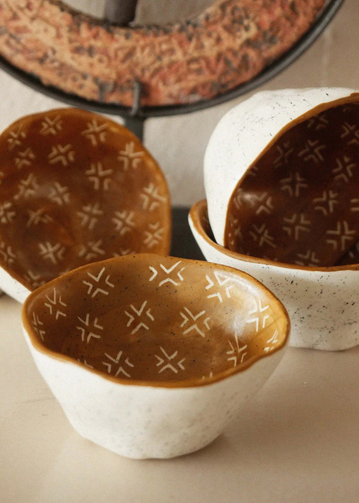 Gaia Tribal Bowl — white and mustard with traditional symbol pattern — MYFASHIONFRUIT