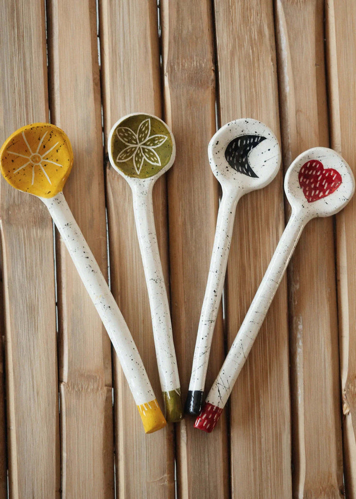 The Moon Spoon — Four ceramic spoons with yellow, green, black moon and red heart design — MYFASHIONFRUIT