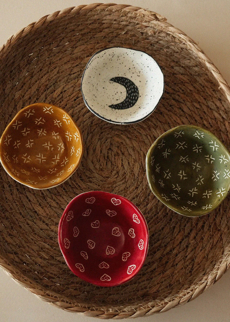 Gaia Tribal Bowl — four bowls in red, mustard, green and white with moon and pattern — MYFASHIONFRUIT