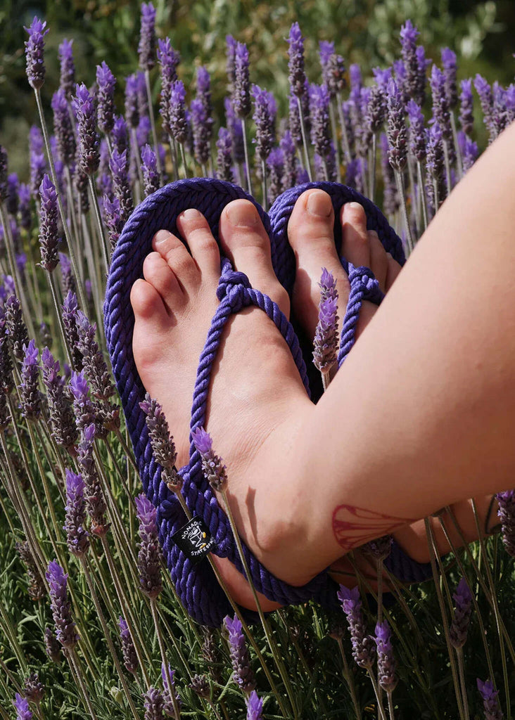 Flop Purple Sandals — woman's feet wearing purple rope sandals in a field of lavender — MYFASHIONFRUIT