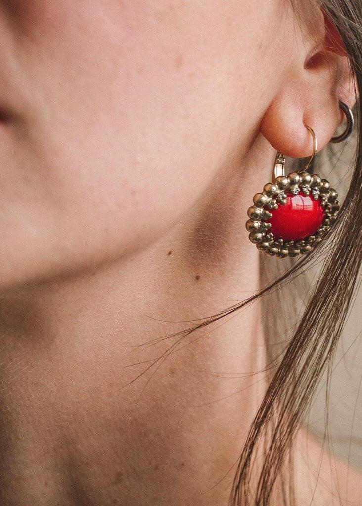 Frida Earrings — woman wearing red stone earrings with gold tone frame — MYFASHIONFRUIT