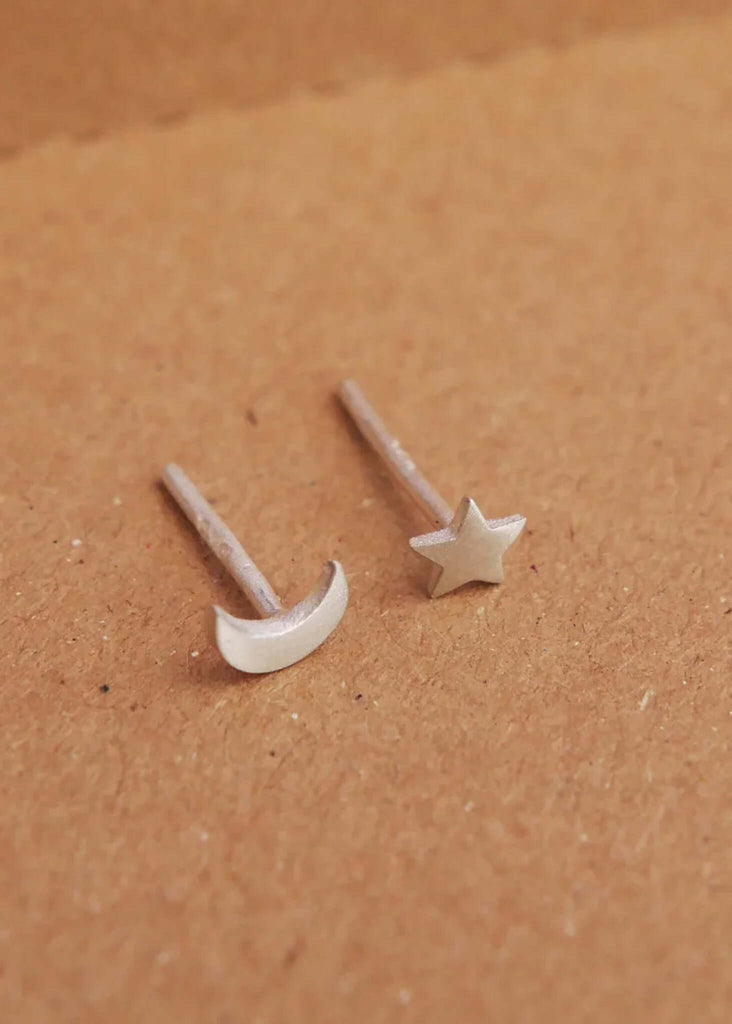 Moon & Star Earrings — silver tone, moon and star studs — MYFASHIONFRUIT