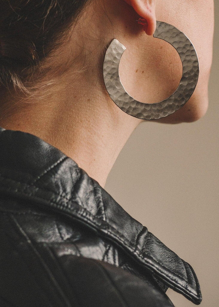 Candra Silver Hoops — woman wearing large hammered silver half hoop earrings — MYFASHIONFRUIT